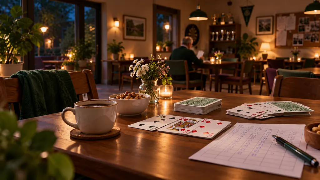 A table in a clubroom with playing cards, coffee and a score sheet