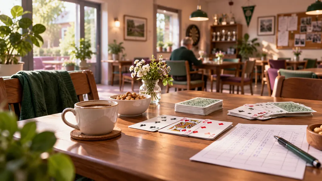 A table in a clubroom with playing cards, coffee and a score sheet