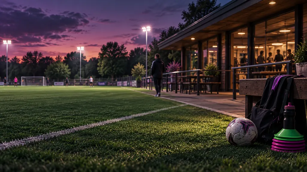 A sports pitch next to a clubhouse with a ball and kit bag on the grass