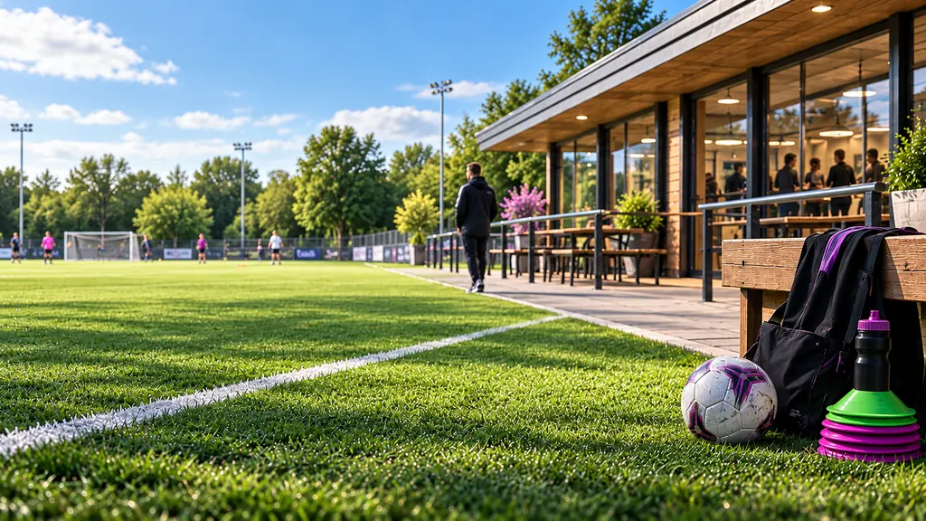 A sports pitch next to a clubhouse with a ball and kit bag on the grass