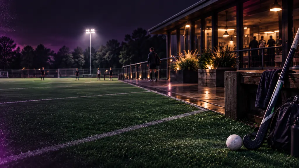 Hockey stick and sports equipment beside the pitch