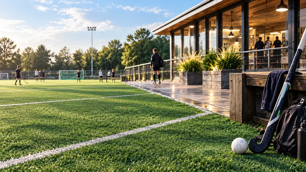 Hockey stick and sports equipment beside the pitch