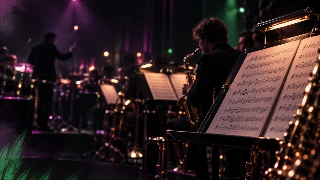 Musicians rehearsing, with a saxophone and sheet music in the foreground