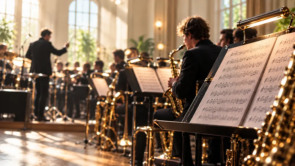 Musicians rehearsing, with a saxophone and sheet music in the foreground