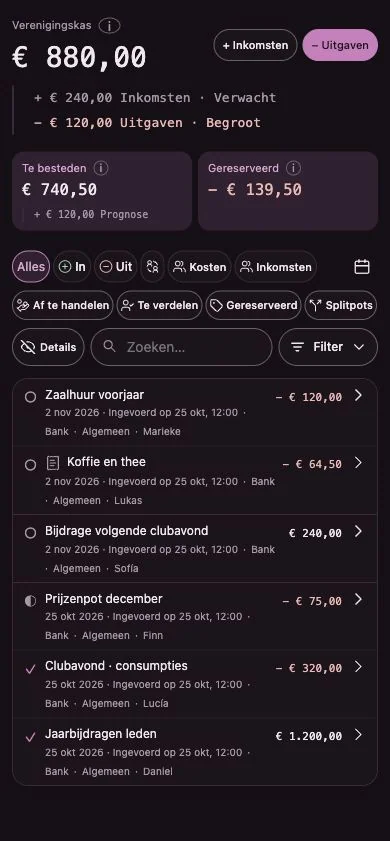 Penny Monet-app met fictieve voorbeeldgegevens