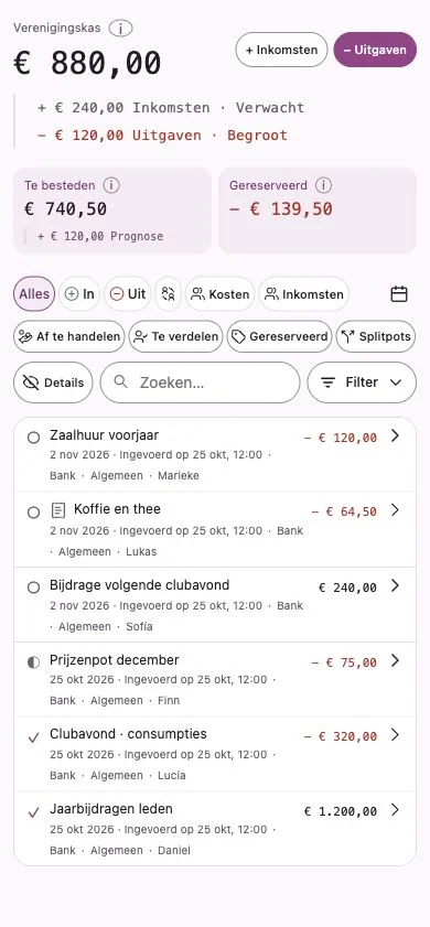 Penny Monet-app met fictieve voorbeeldgegevens