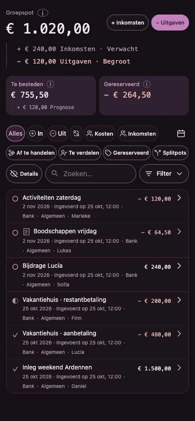 Penny Monet-app met fictieve voorbeeldgegevens