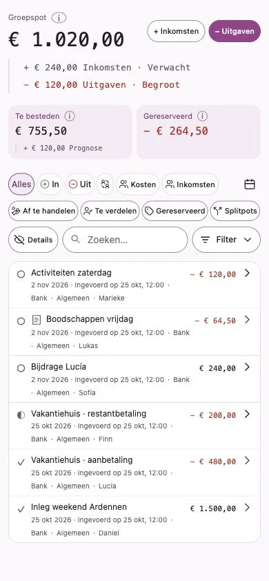 Penny Monet-app met fictieve voorbeeldgegevens