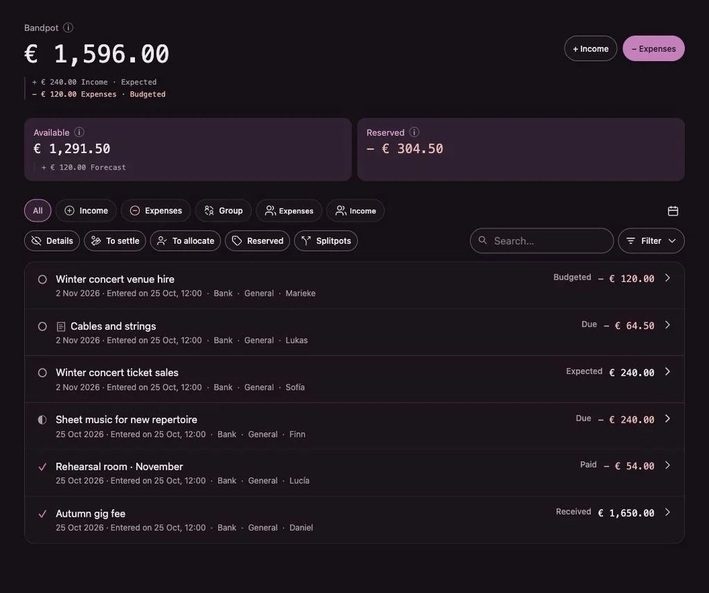 Penny Monet app with fictional example data
