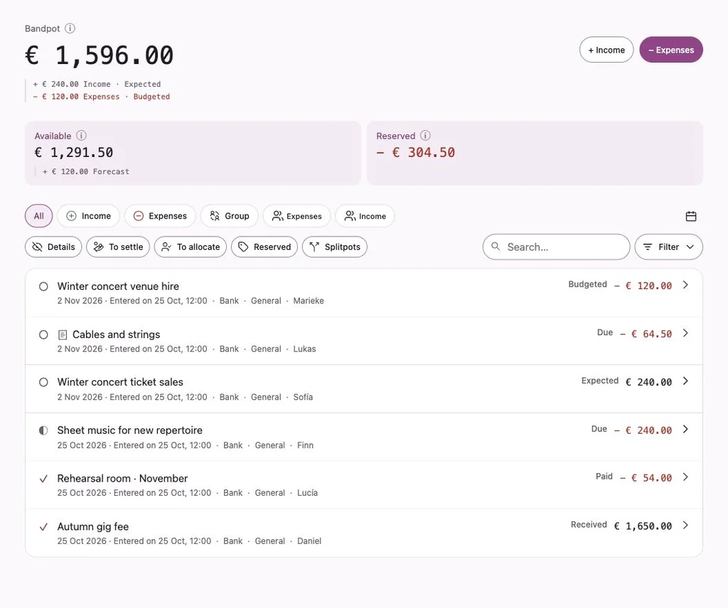 Penny Monet app with fictional example data