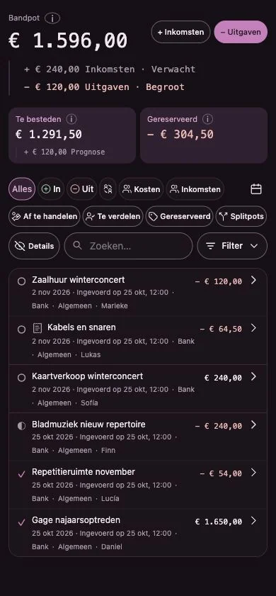 Penny Monet-app met fictieve voorbeeldgegevens