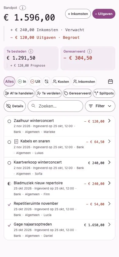 Penny Monet-app met fictieve voorbeeldgegevens