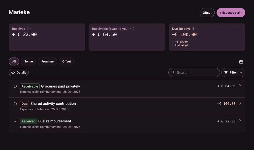 Penny Monet app with fictional example data