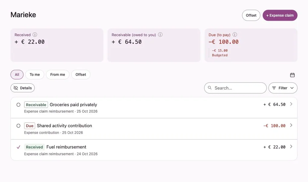 Penny Monet app with fictional example data