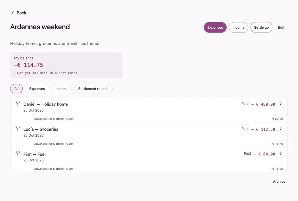 Penny Monet app with fictional example data