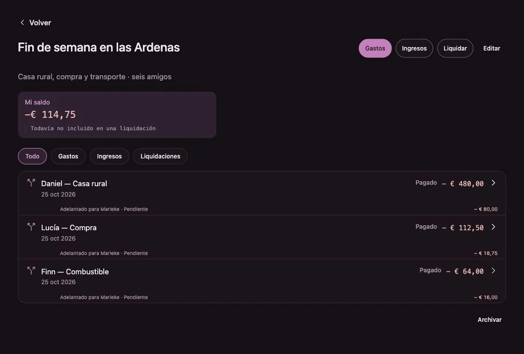 Interfaz de Penny Monet con datos ficticios de ejemplo