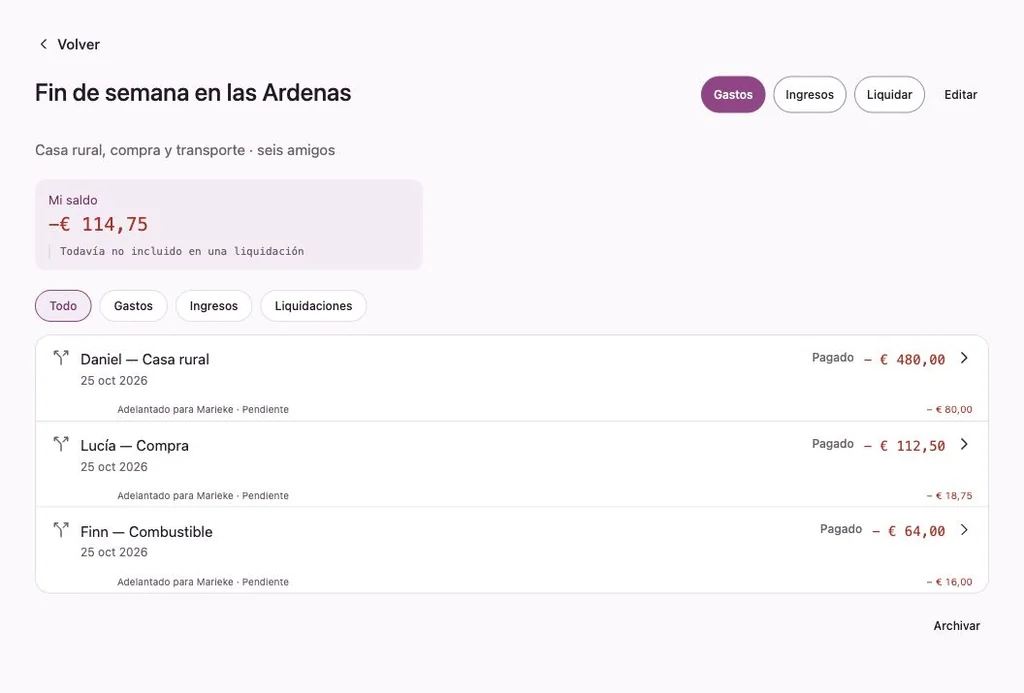 Interfaz de Penny Monet con datos ficticios de ejemplo