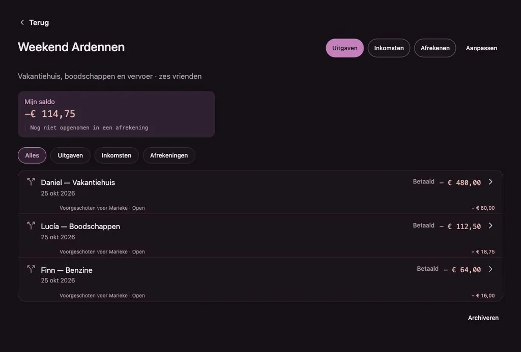 Penny Monet-app met fictieve voorbeeldgegevens