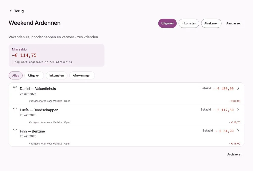 Penny Monet-app met fictieve voorbeeldgegevens